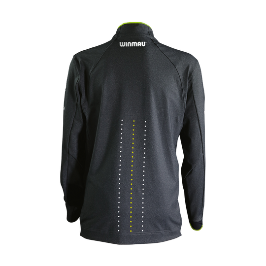 8409_Winmau_Michael_Van_Gerwen_Alpine_Top_Longsleeve_2_NEU Das Bild zeigt das Winmau Michael Van Gerwen Alpine Dart Top Longsleeve von hinten. Das Oberteil ist schwarz mit weißen und grünen Punktlinien sowie dem "Winmau"-Logo am oberen Rücken.
