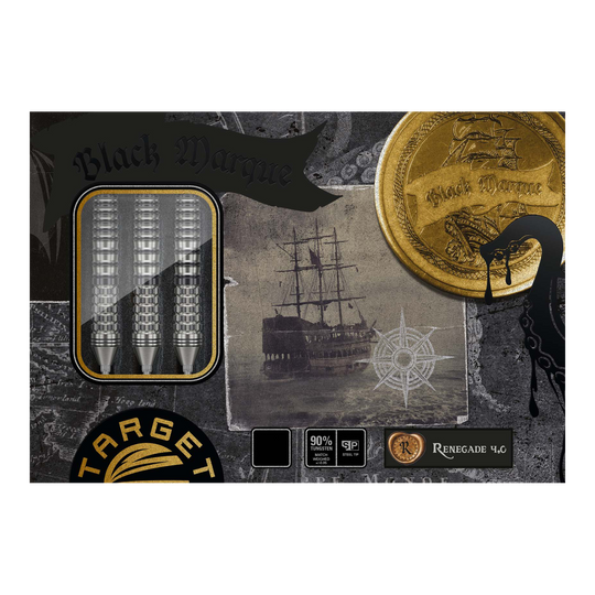 Fléchettes en acier Target Black Marque Renegade 4 Swiss Point Auf dem Bild sind die "Target Black Marque Renegade 4 Swiss Point Steeldarts" zu sehen. Die Verpackung zeigt drei Darts, ein Schiff und eine goldene Münze mit dem Schriftzug "Black Marque".