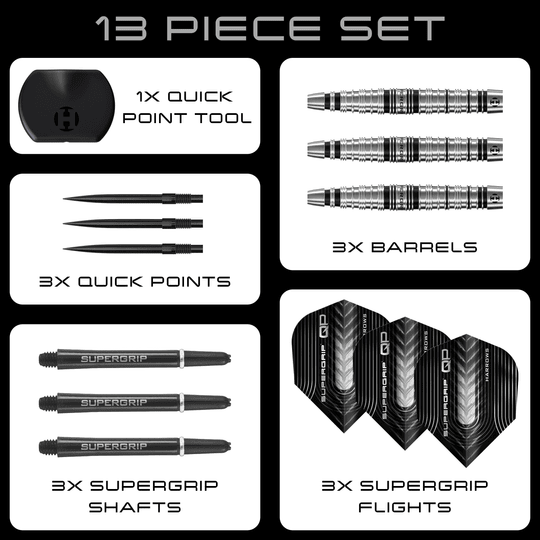 Fléchettes en acier Harrows Supergrip Torpedo Quick Point Harrows Supergrip Torpedo Quick Point Steeldarts sind auf dem Bild zu sehen. Eine Detailansicht hebt den Produktbereich hervor.
