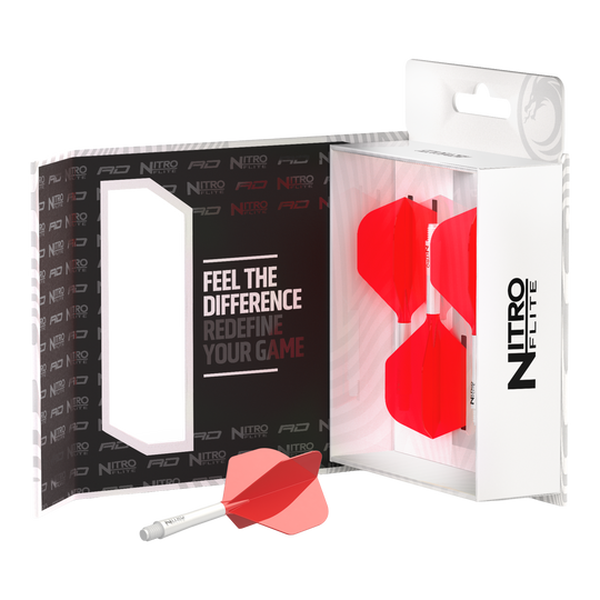 Ailettes Red Dragon Nitroflite - Tige blanche, ailettes rouges n°2 Zu sehen ist das Red Dragon Nitroflite Set mit weißen Schäften und No2 Flights in Rot. Dieses Zubehör ist für hochwertige Dart-Performance konzipiert.