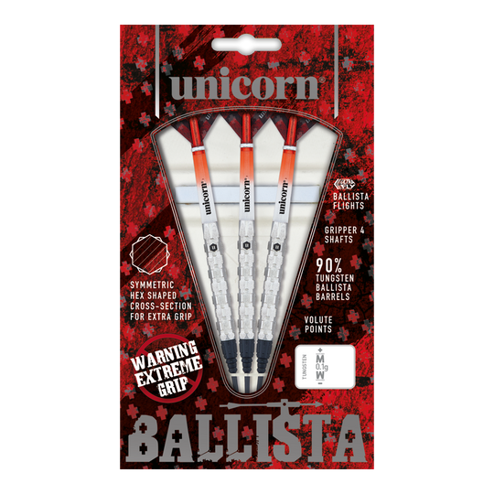 Fléchettes souples Unicorn Ballista Style 1 Das Bild zeigt die Verpackung der "Unicorn Ballista Style 1 Softdarts". In der Packung befinden sich drei Softdarts mit weiß-roten Flights und silbernen Griffen.
