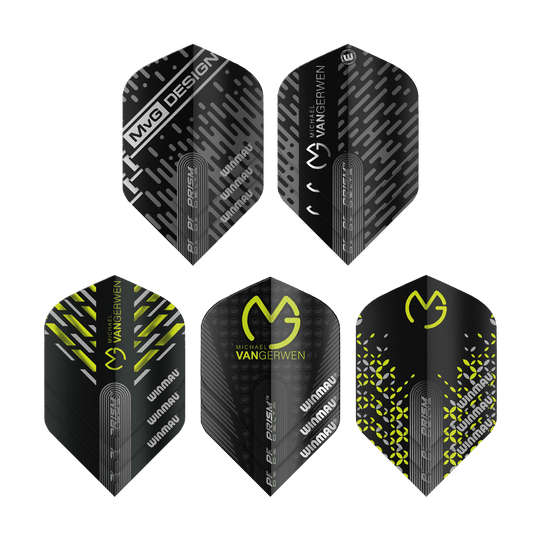 Pack de vol Winmau MvG Prism 2 Das Bild zeigt das Produkt "Winmau MvG Prism Flight Pack 2" mit fünf unterschiedlich gestalteten Dart-Flights. Die Designs sind überwiegend schwarz und gelb mit verschiedenen Mustern und dem Michael van Gerwen Logo.