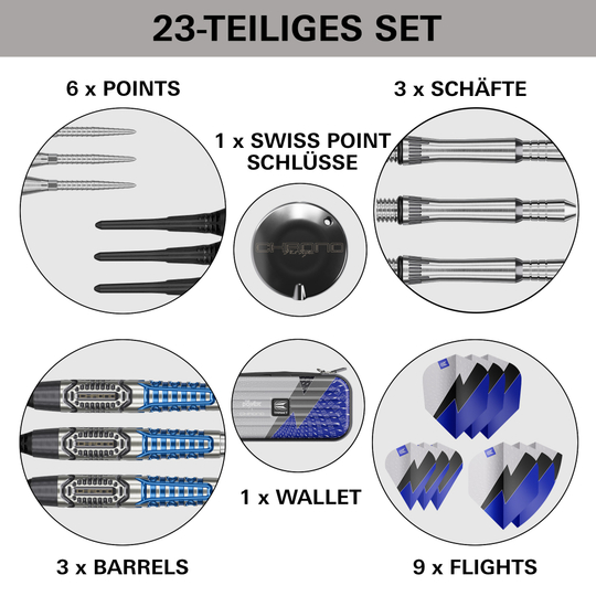 Fléchettes souples Target Phil Taylor Power X Chrono Das Produkt Target Phil Taylor Power X Chrono Softdarts ist dargestellt. Es handelt sich um Softdarts mit auffälligem Aussehen.