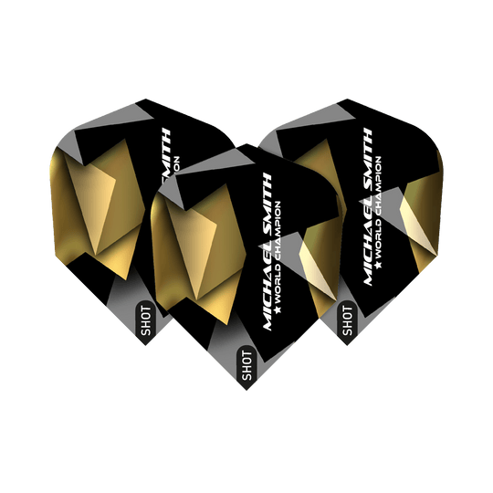 Shot Michael Smith Believe No6 Flights Das Bild zeigt drei schwarze Dart-Flights mit goldenen und silbernen Akzenten. Auf den Flights steht "MICHAEL SMITH ★ WORLD CHAMPION" und unten das Wort "SHOT".