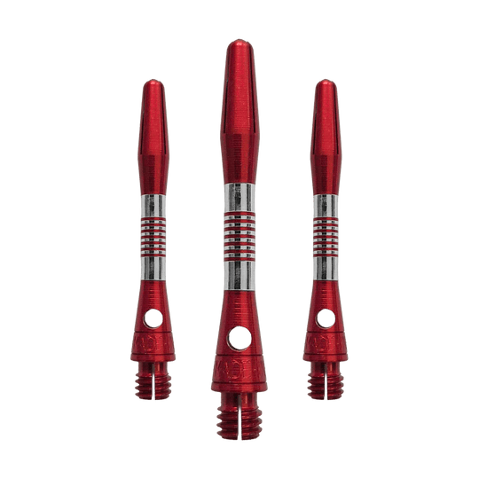 Tiges en aluminium Cetra Bulls NL - Rouge Abgebildet ist ein Set roter Aluminium Shafts mit 34 mm Länge. Sie werden wahrscheinlich beim Dartspiel verwendet.