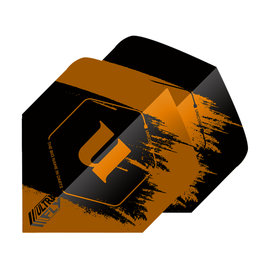 Vols Unicorn Ultrafly 100 Team Unicorn Big Wing - Orange Das Bild zeigt die "Unicorn Ultrafly 100 Team Unicorn Big Wing Flights" in Orange. Die Flights haben ein auffälliges schwarzes und orangefarbenes Design mit dem Buchstaben "u" in der Mitte.