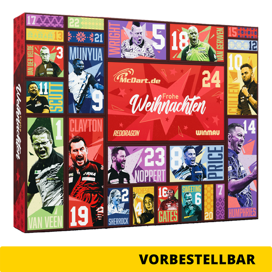 Calendrier de l'Avent McDart Steel Darts 2026 Zu sehen ist der McDart Steel-Darts Adventskalender 2026. Der Kalender bietet Überraschungen für Steeldart-Spieler.