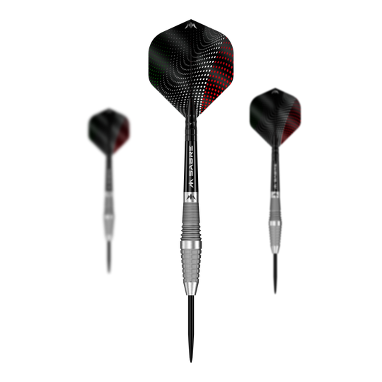Fléchettes en acier sablé Mission Michele Turetta - 23 g Mission Michele Turetta Sandblasted Steeldarts - 23g im Set dargestellt. Das Bild zeigt mehrere Dartpfeile als Produktset mit sandgestrahlter Optik.