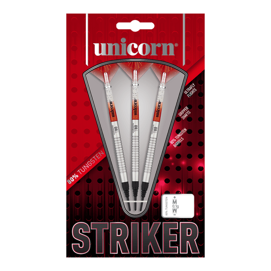 Fléchettes souples Unicorn Core XL Striker Style 1 - 19 g Das Bild zeigt eine Packung der "Unicorn Core XL Striker Style 1 Softdarts - 19g". In der Verpackung befinden sich drei silberfarbene Softdarts mit roten und weißen Details.