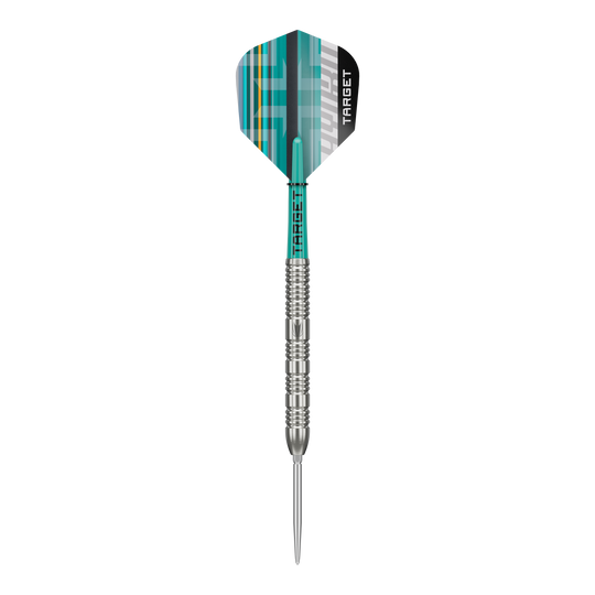 Fléchettes en acier Target Hydro 02 Swiss Point Auf dem Foto sind Target Hydro 02 Swiss Point Steeldarts zu sehen. Die Darts liegen in einer typischen Anordnung bereit.