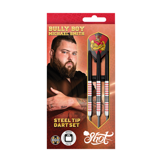 Shot Michael Smith Plated Brass Steeldarts - 24g Das Bild zeigt eine Verpackung für das Produkt "Shot Michael Smith Plated Brass Steeldarts - 24g". Auf der Packung sind ein Foto eines Mannes, drei Steeldarts und der Text "Steel Tip Dart Set" zu sehen.