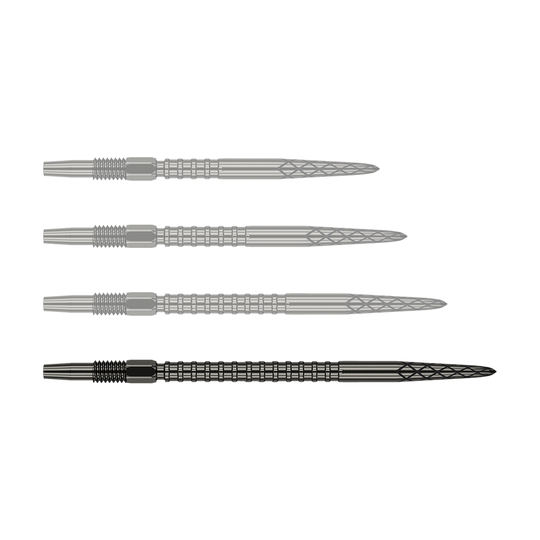 Pointes de fléchettes Target Swiss DS Surge Point - Noir Das Bild zeigt vier schwarze Dartspitzen, die nebeneinander ausgerichtet sind. Jede Spitze hat ein geriffeltes und gemustertes Design entlang des Schafts.