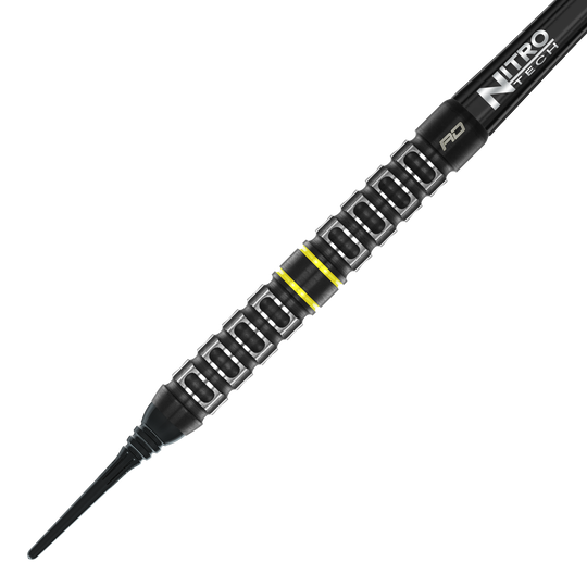 Fléchettes souples parallèles Red Dragon Astraeus Q4X - 20 g Dies ist ein Red Dragon Astraeus Q4X Parallel Softdart mit einem Gewicht von 20g. Der Dart hat ein schwarzes Design mit gelben Akzenten und einer markanten Griffstruktur.