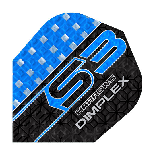Volets Harrows Dimplex S3 - Bleu Das Bild zeigt ein blau-schwarzes Dartflight mit der Aufschrift "S3 HARROWS DIMPLEX". Die Oberfläche hat ein strukturiertes Muster mit silbernen Akzenten.