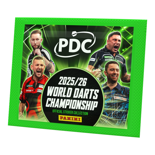 Panini PDC Championnat du monde de fléchettes 2025/26 - Pack d'autocollants Panini PDC World Darts Championship 2025/26 - Sticker Pack. Die Packung enthält Sticker für das Sammelalbum der Darts-Weltmeisterschaft.