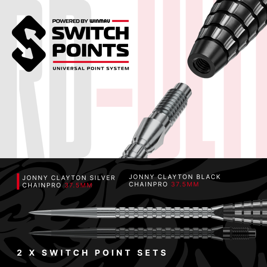 Fléchettes en acier Red Dragon Jonny Clayton RD-ULTRA Switch Point - 22 g Die Abbildung zeigt die Red Dragon Jonny Clayton RD-ULTRA Switch Point Steeldarts mit 22 Gramm. Die Darts liegen nebeneinander und sind gut sichtbar.