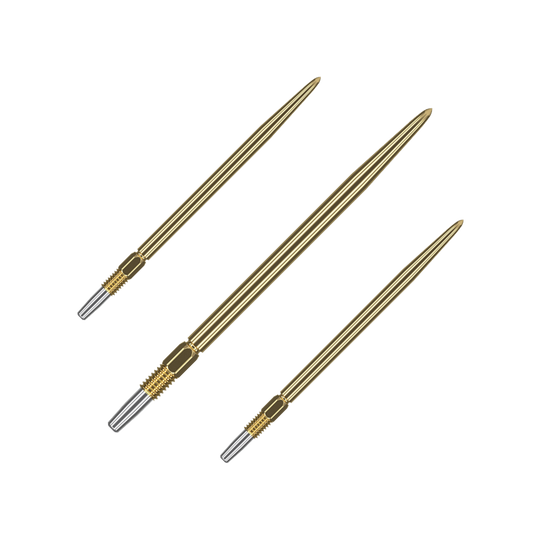 Pointes de fléchettes Target Swiss Point Gold Auf dem Bild sind drei goldene Dartspitzen zu sehen. Sie haben ein geriffeltes silbernes Endstück zur Befestigung.