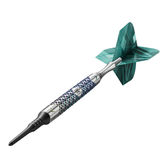 Target Rove 10 fléchettes souples Das Bild zeigt einen einzelnen Target Rove 10 Softdart. Der Dart hat ein silbernes, gemustertes Barrel und grüne Flights.
