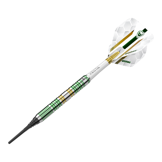Fléchettes souples Winmau Xenon - 20 g Das Bild zeigt den Winmau Xenon Softdart mit einem Gewicht von 20 Gramm. Der Dart hat grüne und goldene Akzente sowie einen weißen Flight mit Winmau-Logo.