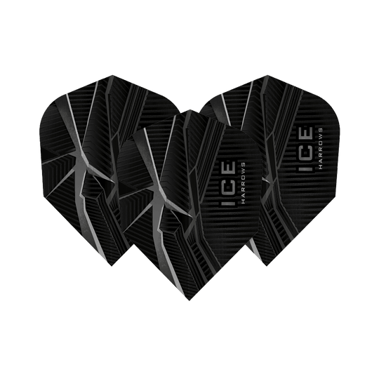 HR42_Harrows_Ice_Recut_Schwarz_Standard_Flights_1NFW6DkUXtNBx7 Das Bild zeigt drei schwarze Dart-Flights mit silbernen, eisähnlichen Mustern. Auf den Flights steht der Produktname "HARROWS ICE".