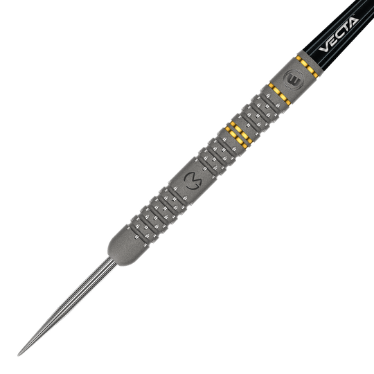Fléchettes en acier Winmau Michael Van Gerwen Evo-X Dies ist ein Winmau Michael Van Gerwen Evo-X Steeldart. Der Dartpfeil hat ein silbernes Barrel mit gelben Akzenten und einer schwarzen Spitze.