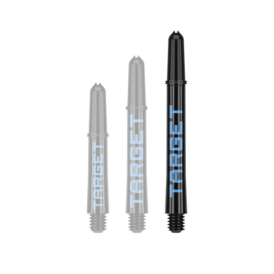 Tiges Target Pro Grip TAG - 3 jeux - Noir et bleu Auf dem Bild sind drei schwarze Dart-Schäfte in verschiedenen Längen zu sehen. Auf jedem Schaft steht das Wort "TARGET" in blauer Schrift.