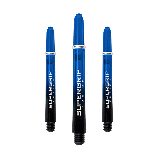 Das Bild zeigt drei blaue Harrows Supergrip Fusion Shafts. Sie sind Dartschäfte mit dem Aufdruck "SUPERGRIP FUSION" in weißer Schrift.