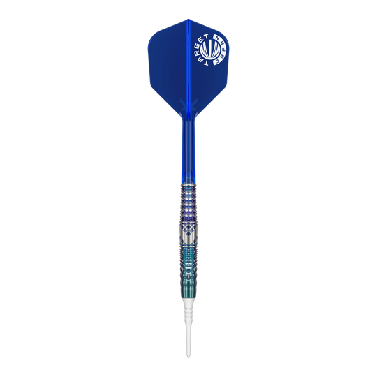 Fléchettes souples Target Japan Cathy Leung Charis GEN5 - 19 g Das Bild zeigt einen Softdart mit einem blauen Flight und silber-blau gemustertem Griff. Es handelt sich um das Produkt "Target Japan Cathy Leung Charis GEN5 Softdarts - 19g".