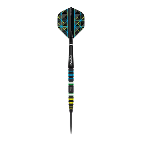 Das Bild zeigt einen Red Dragon Dragonfly 95 Black Tapered Steeldart. Der Dart hat ein schwarzes Design mit farbigen Ringen und geometrischen Mustern auf den Flights.