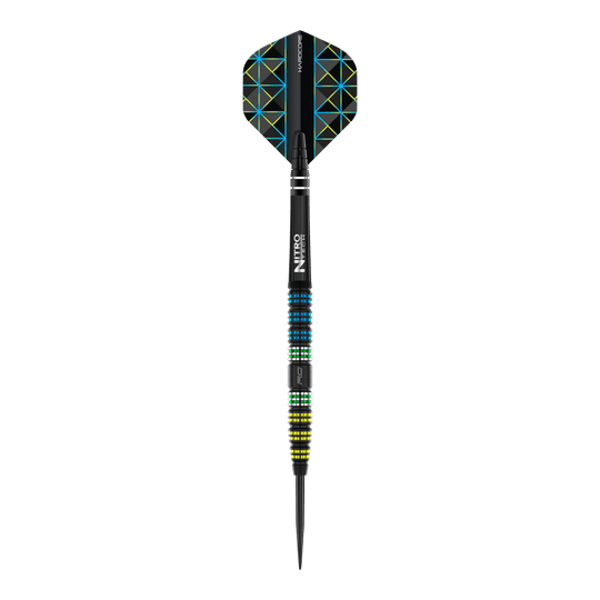 Fléchettes Red Dragon Libellule 95 noires coniques en acier Das Bild zeigt einen Red Dragon Dragonfly 95 Black Tapered Steeldart. Der Dart hat ein schwarzes Design mit farbigen Ringen und geometrischen Mustern auf den Flights.