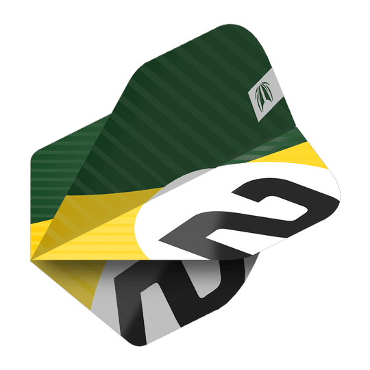 Das Bild zeigt ein Dart-Flight mit grünem, gelbem und weißem Design sowie der Nummer 2. Es handelt sich um das Produkt "Target Pro Ultra Chicane Green No2 Standard Flights - 3 Sets".