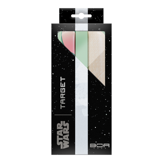 Auf dem Bild sieht man das Target Star Wars Boa Dartcase - Grogu, gestaltet mit Grogu aus der Star Wars Serie. Diese Darttasche schützt Ihre Dartutensilien unterwegs.