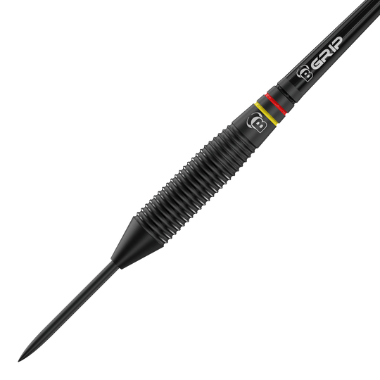 Taureaux Martin Schindler Le Mur Fléchettes en laiton noir Das Bild zeigt einen schwarzen Steeldart aus der Produktreihe "Bulls Martin Schindler The Wall Black Brass Steeldarts". Der Dartpfeil hat ein geriffeltes Griffstück und farbige Ringe nahe dem Übergang zur Schaftaufnahme.