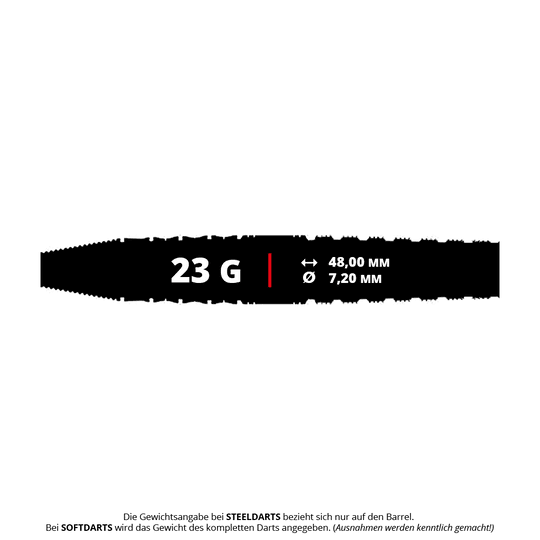 Das Bild zeigt die Produktinformationen zu "Caliburn Player The Pandaman Advanced Steeldarts - 23g". Der Dart wiegt 23 Gramm, ist 48,00 mm lang und hat einen Durchmesser von 7,20 mm.