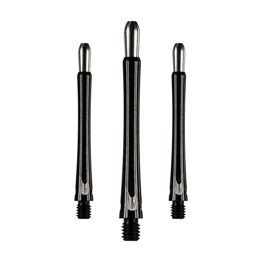 146210_Target_Grip_Style_Aluminium_Shafts_Schwarz_485mm_1 Auf dem Bild sind drei schwarze Aluminium-Dartschäfte in unterschiedlicher Länge zu sehen. Sie haben ein silbernes Oberteil und ein Gewinde am unteren Ende.