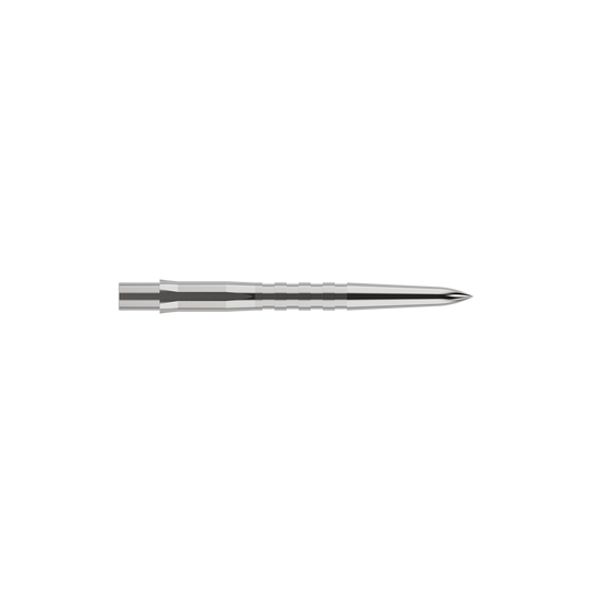 Embouts de fléchettes Mission Caliburn EVO - Rainurés - Argent Auf dem Bild ist eine silberne, gerillte Steeldartspitze zu sehen. Sie ist schmal, lang und hat eine spitze Vorderseite.