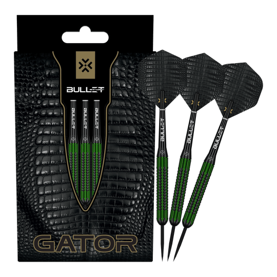 Fléchettes Bullet Gator en laiton et acier - 22 g Zu sehen sind die Bullet Gator Brass Steeldarts - 22g in voller Ansicht. Sie sind aus Messing gefertigt und wiegen 22 Gramm.
