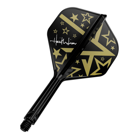 Système d'arbre de vol standard Target Japan K-Flex Hot Shot No2 Dies ist ein schwarzer Dart-Flügel mit goldenen Sternen und Linien als Muster. Auf dem Flügel befindet sich außerdem eine weiße Unterschrift.