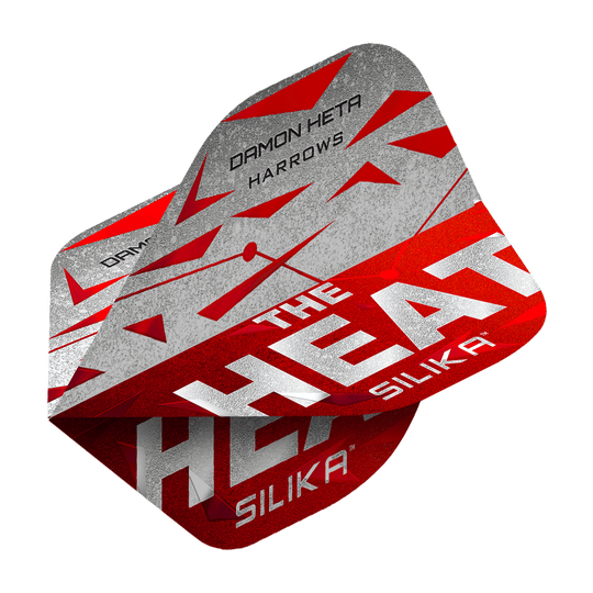 Vols Silika Damon Heta série 3 de Harrow Das Bild zeigt die Harrows Silika Damon Heta Series 3 Flights. Die Flights sind überwiegend in Rot, Grau und Weiß gestaltet und tragen den Schriftzug "THE HEAT" sowie den Namen "DAMON HETA".