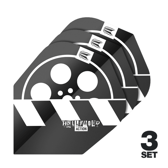 Target Pro Ultra Chris Dobey Hollywood Action No6 Flights - 3 ensembles Das Bild zeigt drei Sets der Target Pro Ultra Chris Dobey Hollywood Action No6 Flights. Die Flights haben ein schwarz-weißes Design mit einem Filmrollen- und Klappenmotiv sowie dem Schriftzug "Hollywood Action".