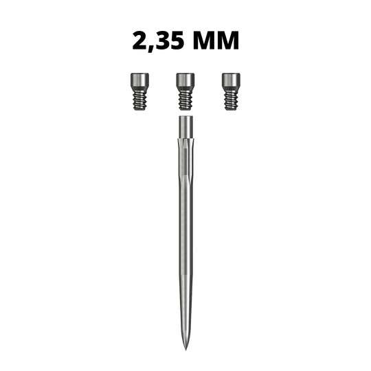 Robinets du système Caliburn Hier sieht man eine Caliburn Evo System Steeldartspitze Spigot mit einer Länge von 23,5 mm. Die silberne Spitze ist einzeln dargestellt.