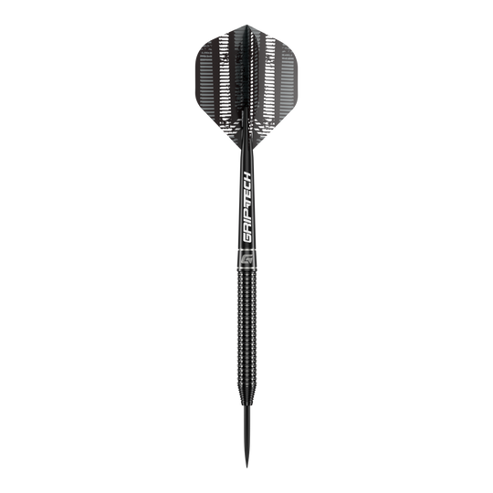Fléchettes GOAT Sprocket en acier tungstène Das Bild zeigt einen einzelnen GOAT Sprocket Tungsten Steeldart. Der Dart hat ein modernes, schwarzes Design mit dem Schriftzug "GRIPTECH" auf dem Schaft.