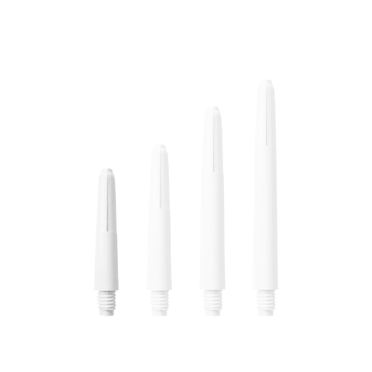 Das Bild zeigt vier Nylon Shafts in Schneeweiß, die in unterschiedlichen Längen angeordnet sind. Sie haben ein Schraubgewinde an einem Ende.