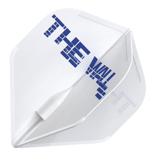 Vols L-Style Martin Schindler Blanc L1EZ Das Bild zeigt ein weißes Dart-Flight mit dem blauen Schriftzug "THE WALL". Es handelt sich um das Produkt "L-Style Martin Schindler Weiß L1EZ Flights".