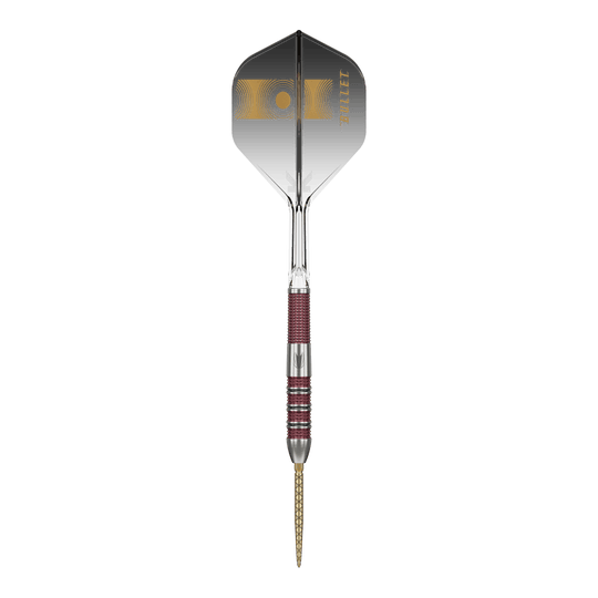Fléchettes en acier à pointe suisse Target Stephen Bunting 95K Das Bild zeigt einen Target Stephen Bunting 95K Swiss Point Steeldart. Der Dart hat ein elegantes Design mit einer Mischung aus silbernen und roten Elementen sowie einer schwarzen Flügel mit goldener Aufschrift.