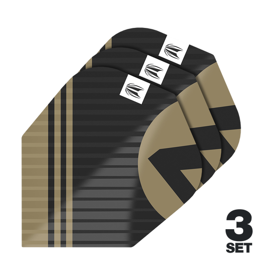 Ailettes Target Pro Ultra Chicane noires No6 - 3 jeux Das Bild zeigt die "Target Pro Ultra Chicane Black No6 Flights" in einem schwarz-goldenen Design. Es sind insgesamt 3 Sets der Flights abgebildet.