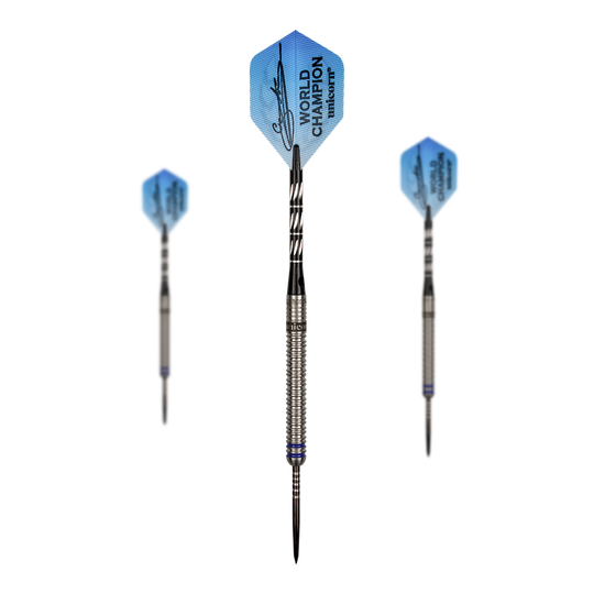 Gary Anderson, champion du monde de la licorne, Phase 3 Steeldarts Auf dem Bild sind drei Steeldarts des Produkts "Unicorn World Champion Gary Anderson Phase 3" zu sehen. Die Flights der Darts sind blau und mit einer Unterschrift sowie der Aufschrift "WORLD CHAMPION unicorn" bedruckt.