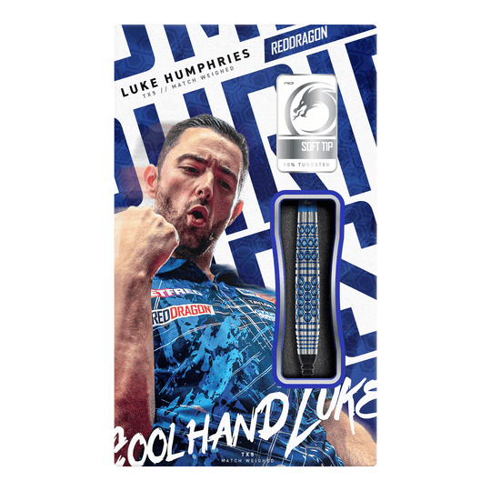 Fléchettes souples Red Dragon Luke Humphries TX5 - 20 g Diese Grafik stellt die Red Dragon Luke Humphries TX5 Softdarts - 20g dar. Es handelt sich um hochwertige Softdarts mit Luke Humphries Design.