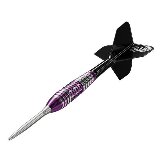 Fléchettes en acier Target Japan Prime Series Tung Suk Zenith GEN1 Swiss Point - 23 g Dies ist ein Steeldart aus der Target Japan Prime Serie in der Ausführung "Tung Suk Zenith GEN1 Swiss Point" mit 23g Gewicht. Der Dart hat ein auffälliges Design mit lila und silbernen Ringen und schwarzen Flights.