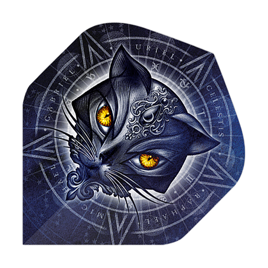 Vols standard Alchemy Star Of Ailouros No2 Das Bild zeigt einen stilisierten Katzenkopf mit leuchtend gelben Augen vor einem mystischen, blauen Hintergrund. Im Hintergrund sind verschiedene Symbole und Schriftzüge in einem kreisförmigen Muster angeordnet.